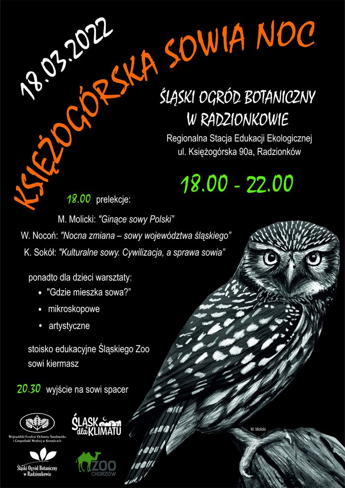 Plakat informacyjny o wydarzeniu "Księżogórska Sowia Noc"