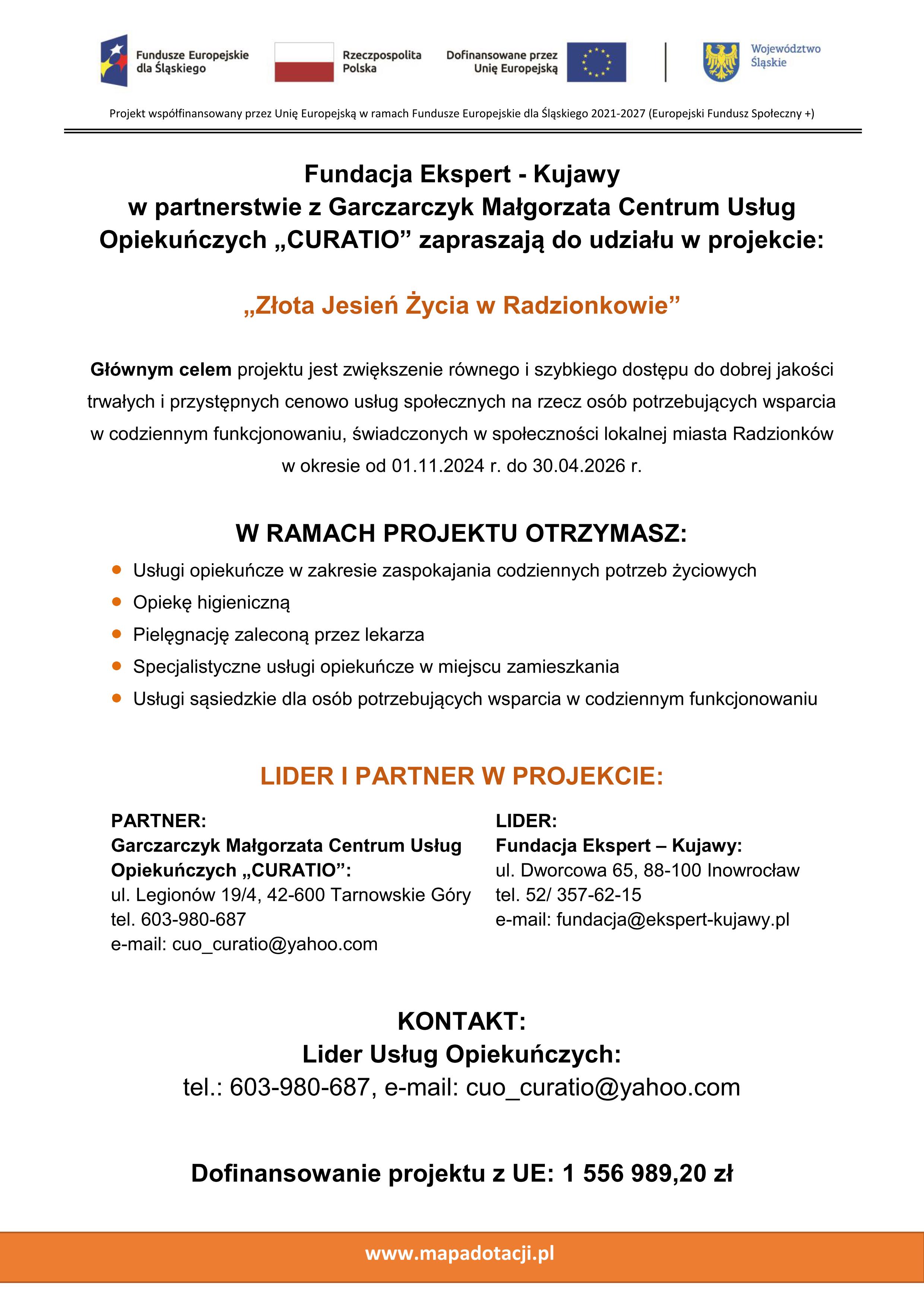 plakat informacyjny o projekcie „Złota Jesień Życia w Radzionkowie”